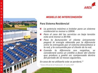 S
E
N
S
O
R
E
S
Y
T
R
A
N
S
D
U
C
T
O
R
E
S

MODELO DE INTERCONEXIÓN

Para Sistema Residencial
La potencia máxima a instalar para un sistema
residencial es menor a 10KW.
Para el caso del los servicios en baja tensión
esta será menor a 30 KW.
Para la facturación el cliente únicamente
pagará la energía obtenida por la diferencia
entre la entregada por el sistema fotovoltaico a
la red, y la consumida por el cliente de la red.
Cuando la diferencia sea negativa, se
considerará como un crédito a favor del cliente
que produce y podrá ser compensado dentro
del periodo de 12 meses siguientes.
En caso de no utilizarlo este se perderá.*
* Diario Oficial de la Federación 27 Junio 2007

 