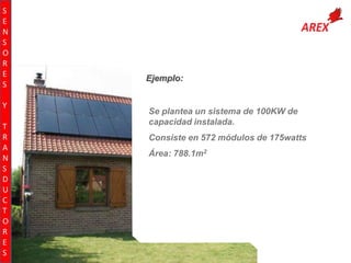 S
E
N
S
O
R
E
S
Y
T
R
A
N
S
D
U
C
T
O
R
E
S

Ejemplo:

Se plantea un sistema de 100KW de
capacidad instalada.
Consiste en 572 módulos de 175watts
Área: 788.1m2

 