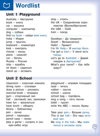 73
Wordlist
Unit 1  Playground
Australia – Австралия
book – книга
car – машина
computer – компьютер
dog – собака
find my book – найди мою книгу
India – Индия
jump – прыгать
keyboard – клавиатура
look – смотреть
mouse – мышь
plane – самолёт
run – бегать
Russia – Россия
ship – корабль
sit down – садиться
stand up – вставать
stop – стоять
the UK – Соединённое коро-
левство (Великобритания)
the USA – США
train – поезд
Goodbye.– До свидания.
Great! – Великолепно!
Hello! – Привет!
I’m Mr Help.– Я мистер Хелп.
I’ve got a train.– У меня есть
поезд.
Let’s go to Australia! – Давай
поедем в Австралию!
What’s your name? – Как тебя
зовут?
Unit 2  School
classroom – классная комната
dining room – столовая
draw a picture – рисовать
exercise-book – тетрадка
gym – спортивный зал
hall – (актовый) зал, прихожая
have fun – веселиться
have lunch – обедать
library – библиотека
pen – ручка
pencil – карандаш
pencil case – пенал
play a game – сыграть в (ка-
кую-либо) игру
playground – игровая площадка
read – читать
rubber – ластик
school – школа
school bag – портфель
sing a song – петь песню
toilet – туалет
write the ABC – писать буквы
Take your pen.– Возьми ручку.
This is our hall.– Это наш акто-
вый зал.
We sing in the hall.– Мы поём
песни в актовом зале.
 