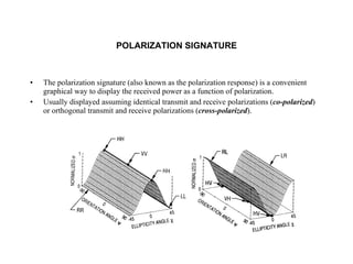 POLARIZATION SIGNATURE The polarization signature (also known as the polarization response) is a convenient graphical way to display the received power as a function of polarization. Usually displayed assuming identical transmit and receive polarizations ( co-polarized ) or orthogonal transmit and receive polarizations ( cross-polarized ). 