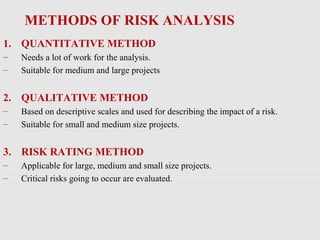 METHODS OF RISK ANALYSIS
1. QUANTITATIVE METHOD
– Needs a lot of work for the analysis.
– Suitable for medium and large projects
2. QUALITATIVE METHOD
– Based on descriptive scales and used for describing the impact of a risk.
– Suitable for small and medium size projects.
3. RISK RATING METHOD
– Applicable for large, medium and small size projects.
– Critical risks going to occur are evaluated.
 
