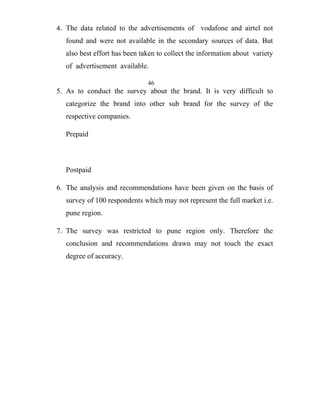 4.   The data related to the advertisements of vodafone and airtel not
     found and were not available in the secondary sources of data. But
     also best effort has been taken to collect the information about variety
     of advertisement available.

                                 46
5. As to conduct the survey about the brand. It is very difficult to
     categorize the brand into other sub brand for the survey of the
     respective companies.

     Prepaid



     Postpaid

6. The analysis and recommendations have been given on the basis of
     survey of 100 respondents which may not represent the full market i.e.
     pune region.

7. The survey was restricted to pune region only. Therefore the
     conclusion and recommendations drawn may not touch the exact
     degree of accuracy.
 