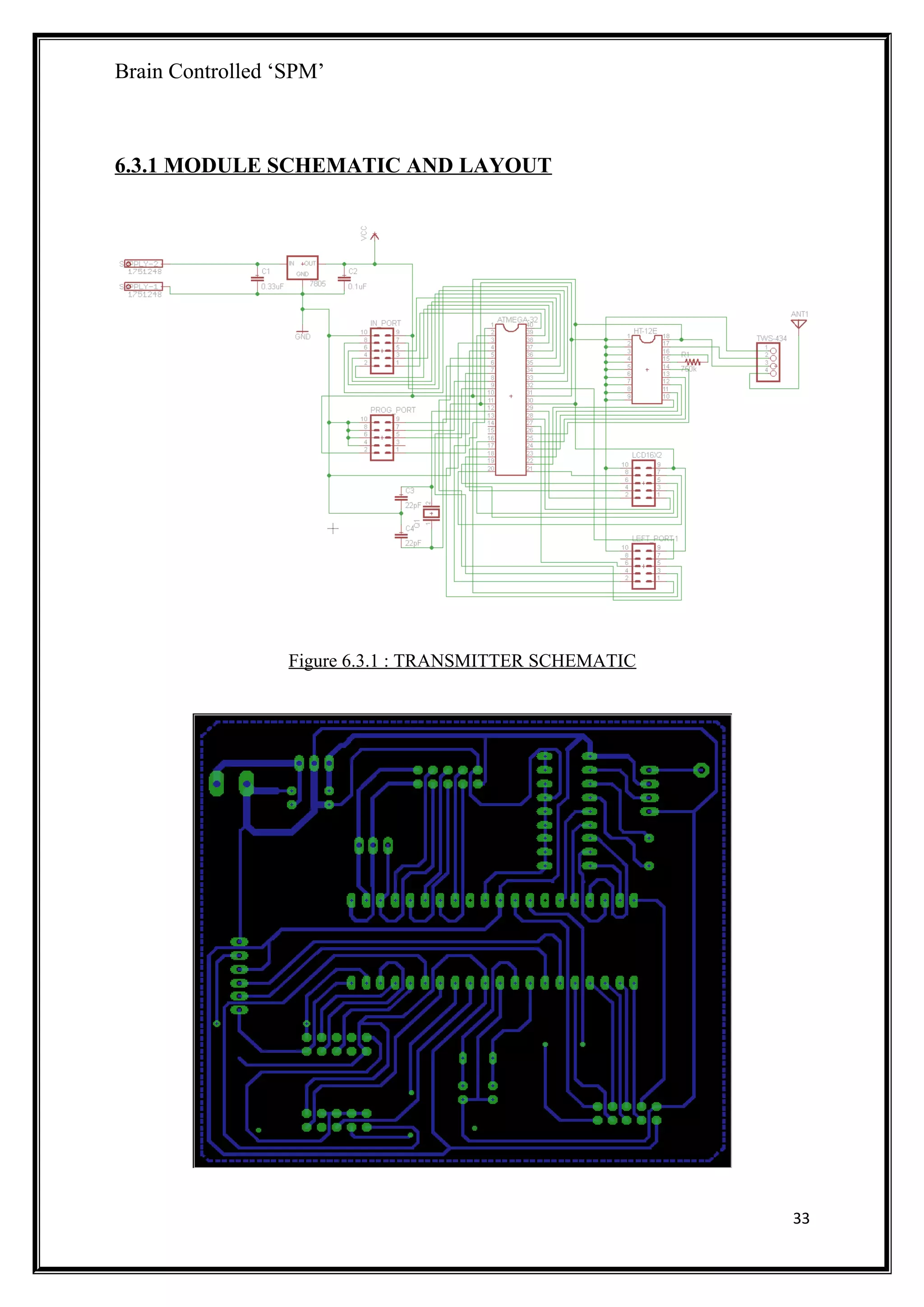 Brain Controlled ‘SPM’
6.3.1 MODULE SCHEMATIC AND LAYOUT
Figure 6.3.1 : TRANSMITTER SCHEMATIC
33
 