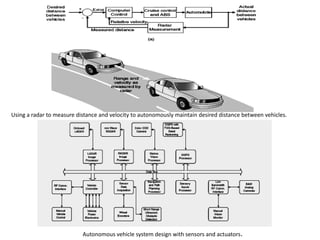 Using a radar to measure distance and velocity to autonomously maintain desired distance between vehicles.
Autonomous vehicle system design with sensors and actuators.
 