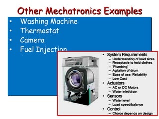 Other Mechatronics Examples
• Washing Machine
• Thermostat
• Camera
• Fuel Injection
 