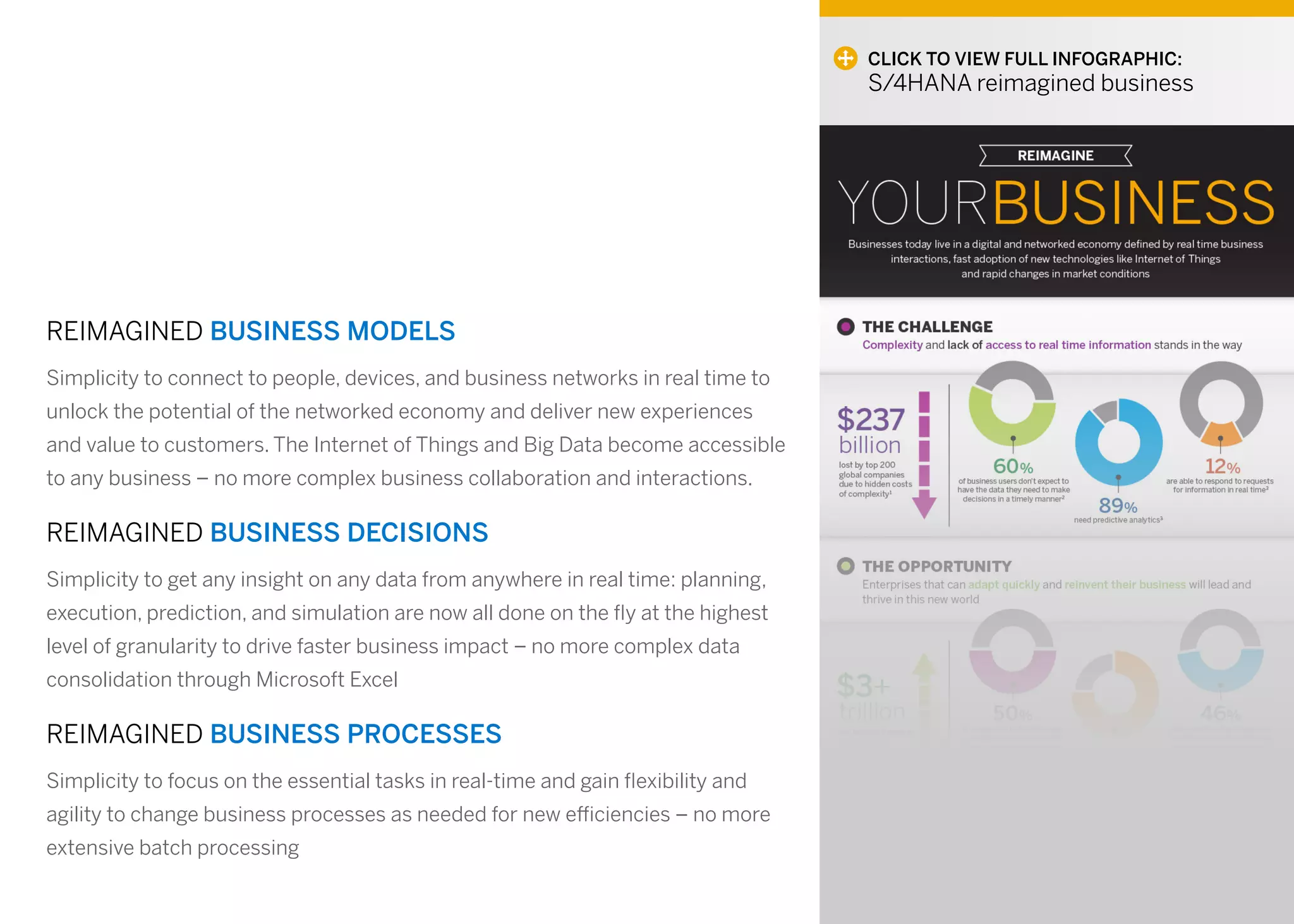 REIMAGINED BUSINESS MODELS
Simplicity to connect to people, devices, and business networks in real time to
unlock the potential of the networked economy and deliver new experiences
and value to customers. The Internet of Things and Big Data become accessible
to any business – no more complex business collaboration and interactions.
REIMAGINED BUSINESS DECISIONS
Simplicity to get any insight on any data from anywhere in real time: planning,
execution, prediction, and simulation are now all done on the fly at the highest
level of granularity to drive faster business impact – no more complex data
consolidation through Microsoft Excel
REIMAGINED BUSINESS PROCESSES
Simplicity to focus on the essential tasks in real-time and gain flexibility and
agility to change business processes as needed for new efficiencies – no more
extensive batch processing
CLICK TO VIEW FULL INFOGRAPHIC:
S/4HANA reimagined business
 