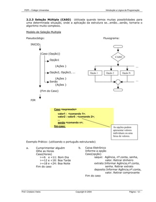 FEPI – Colégio Universitas                                                  Introdução a Lógica de Programação



     2.2.3 Seleção Múltipla (CASO) Utilizada quando temos muitas possibilidades para
     uma determinada situação, onde a aplicação da estrutura se...então...senão, tornaria o
     algoritmo muito complexo.

     Modelo de Seleção Multipla

     Pseudocódigo:                                                            Fluxograma:

          INICIO
                                                                                         INIC

                     {Caso (Opção)}
                                                                                         CASO
                                Opção1

                                   {Ações }                                                                  ...
                                Opção2, Opção3, ...                 Opção 1    Opção 2          Opção N

                                   {Ações }
                                Senão
                                                                                                             ...
                                   {Ações }

                     {Fim do Caso}


          FIM


                                   Caso <expressão>
                                      valor1 : <comando 1>;
                                      valor2 : valor5 : <comando 2>;
                                      ...
                                      senão <comando n>;
                                   fim-caso;                                          As opções podem
                                                                                      apresentar valores
                                                                                      individuais ou uma
                                                                                      faixa de valores.

     Exemplo Prático: (utilizando o português estruturado)

     a.         Cumprimentar alguém                     b.     Caixa Eletrônico
                Olhe as Horas                                  Informe a opção
                Caso(Horas)                                    Caso(opção)
                   >=6 e <11: Bom Dia                                 saque: Agência, nº.conta, senha,
                   >=12 e <18: Boa Tarde                                       valor. Retirar dinheiro
                   >=18 e <24: Boa Noite                              extrato:Informar Agência,nº.conta,
                Fim do caso                                                    senha. Retirar extrato
                                                                      deposito:Informar Agência,nº.conta,
                                                                               valor. Retirar comprovante
                                                               Fim do caso




Prof. Cristiano Vieira                                Copyright © 2004                                Página - 12 -
 
