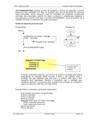 FEPI – Colégio Universitas                                      Introdução a Lógica de Programação


     2.3.2 Enquanto-Faça Utilizada quando não sabemos o número de repetições e quando
     possuímos uma expressão que deve ser avaliada para que os comandos da estrutura
     sejam executados. Assim, enquanto o valor da <condição> for verdadeiro, as ações dos
     comandos são executadas. Quando for falso, a estrutura é abandonada, passando a
     execução para a próxima linha após o comando FIM-ENQUANTO. Se já da primeira vez o
     resultado for falso, os comandos não serão executados.

     Modelo de Repetição Enquanto-Faça

     Pseudocódigo:                                                      Fluxograma:

          INICIO                                                              INICIO


                     {ENQUANTO <Condição> FAÇA}                             ENQUANTO         (F) FIM
                     (Falso) (Verdade)
                                                                             <Condição>

                                   {Instrução a ser repetida}                            (V) FAÇA

                                                                             Instrução
                     {Fim do ENQUANTO-FAÇA}

          FIM.




                         Enquanto <condição> Faça
                             <comando 1>;
                             <comando 2>;
                             <comando n>;                                 execução enquanto
                         Fim-Enquanto;                                    a condição for
                                                                          verdadeira


                É sempre importante observar que primeiro se analisa a condição para depois
                dependendo do resultado obtido executar o bloco a ser repetido. Caso a
                condição não seja satisfeita nada será feito e a próxima linha após o fim-
                enquanto será requisitada. Também é necessário caso a condição seja
                verdadeira permitir o incremento para a variável em condição (se necessário)
                para que a estrutura não entre em loop infinito.


     Exemplo Prático: (utilizando o português estruturado)

                Ir de elevador do primeiro ao quinto Andar
                Chamar o elevador
                Entrar no elevador
                Informar o Andar
                Enquanto Andar atual for menor que 5 faça
                    mover o elevador para cima
                    Andar passa para o próximo
                Fim do Movimento
                Sair do elevador


Prof. Cristiano Vieira                          Copyright © 2004                             Página - 16 -
 