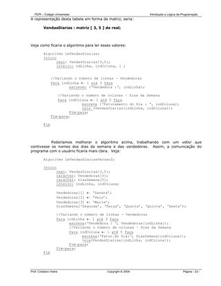 FEPI – Colégio Universitas                                   Introdução a Lógica de Programação
A representação desta tabela em forma de matriz, seria:

          VendasDiarias : matriz [ 3, 5 ] de real;



Veja como ficaria o algoritmo para ler esses valores:

          Algoritmo LeVendasDiarias;
          Inicio
                real: VendasDiarias[3,5];
                inteiro: ndLinha, indColuna, i ;


                //Variando o número de linhas - Vendedoras
                Para indLinha ← 1 até 3 faça
                         escrever (‘Vendedora :‘, indLinha);

                   //Variando o número de colunas – Dias da Semana
                   Para indColuna ← 1 até 5 faça
                               escreva (‘Faturamento do Dia : ‘, indColuna);
                               leia (VendasDiarias[indLinha, indColuna]);
                         Fim-para;
                Fim-para;

          Fim



           Poderíamos melhorar o algoritmo acima, trabalhando com um vetor que
contivesse os nomes dos dias da semana e das vendedoras. Assim, a comunicação do
programa com o usuário ficaria mais clara. Veja:

          Algoritmo LeVendasDiariasVersao2;

          Inicio
                real: VendasDiarias[3,5];
                caracter: Vendedoras[3];
                caracter: DiasSemana[5];
                inteiro: indLinha, indColuna;

                     Vendedoras[1] ← ‘Sandra’;
                     Vendedoras[2] ← ‘Vera’;
                     Vendedoras[3] ← ‘Maria’;
                     DiasSemana[‘Segunda’, ‘Terça’, ‘Quarta’, ‘Quinta’, ‘Sexta’);

                     //Variando o número de linhas - Vendedoras
                     Para indLinha ← 1 até 3 faça
                           escreva(‘Vendedora : ‘, Vendedoras[indLinha]);
                           //Variando o número de colunas – Dias da Semana
                           Para indColuna ← 1 até 5 faça
                                 escreva(‘Fatur.do Dia:‘, DiasSemana[indColuna]);
                                 leia(VendasDiarias[indLinha, indColuna]);
                           Fim-para;
                     Fim-para;
          Fim




Prof. Cristiano Vieira                      Copyright © 2004                           Página - 23 -
 