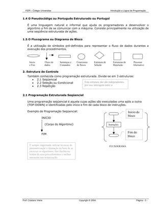 FEPI – Colégio Universitas                                                     Introdução a Lógica de Programação


1.4 O Pseudocódigo ou Português Estruturado ou Portugol

     É uma linguagem natural e informal que ajuda os programadores a desenvolver o
     algoritmo a fim de se comunicar com a máquina. Consiste principalmente na utilização de
     uma seqüência estruturada de ações.

1.5 O Fluxograma ou Diagrama de Bloco

     É a utilização de símbolos pré-definidos para representar o fluxo de dados durantes a
     execução dos procedimentos.



       Inicio            Fluxo de   Sentenças e   Conectores      Estrutura de       Estruturas de       Processo
       e Fim             dados      Comandos      de fluxos       Seleção            Repetição           Alternativo

2. Estrutura de Controle
     Também conhecida como programação estruturada. Divide-se em 3 estruturas:
        • 2.1 Seqüencial
        • 2.2 Seleção ou Condicional      Esta estrutura não são independentes,
        • 2.3 Repetição                   por isso interagem entre si
                                          .

2.1 Programação Estruturada Seqüencial

     Uma programação seqüencial é aquela cujas ações são executadas uma após a outra
     (TOP-DOWN) e identificadas pelo início e fim de cada bloco de instruções.

     Exemplo de Programação Seqüencial:                                                              Inicio do
                                                                                   INIC              bloco
                     INICIO

                         {Corpo do Algoritmo}                                    Instruções


                                                                                                     Fim do
                     FIM
                                                                                                     bloco

       É sempre importante utilizar técnicas de                                  FLUXOGRAMA
       parametrização e identação na hora de se
       escrever os algoritmos. Isto facilita na
       leitura de seus procedimentos e melhor
       apresenta sua organização.




Prof. Cristiano Vieira                              Copyright © 2004                                        Página - 3 -
 