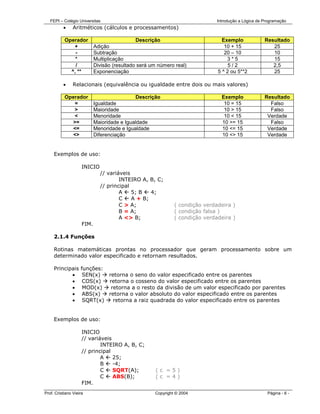 FEPI – Colégio Universitas                                                 Introdução a Lógica de Programação
          •     Aritméticos (cálculos e processamentos)

           Operador                           Descrição                         Exemplo              Resultado
              +             Adição                                               10 + 15                25
               -            Subtração                                            20 – 10                10
               *            Multiplicação                                         3*5                   15
               /            Divisão (resultado será um número real)                5/2                  2,5
             ^, **          Exponenciação                                     5 ^ 2 ou 5**2             25

          •     Relacionais (equivalência ou igualdade entre dois ou mais valores)

           Operador                           Descrição                         Exemplo              Resultado
              =             Igualdade                                            10 = 15               Falso
              >             Maioridade                                           10 > 15               Falso
              <             Menoridade                                           10 < 15              Verdade
             >=             Maioridade e Igualdade                              10 >= 15               Falso
             <=             Menoridade e Igualdade                              10 <= 15              Verdade
             <>             Diferenciação                                       10 <> 15              Verdade


     Exemplos de uso:

                     INICIO
                              // variáveis
                                      INTEIRO A, B, C;
                              // principal
                                      A    5; B   4;
                                      C    A + B;
                                      C > A;                  ( condição verdadeira )
                                      B = A;                  ( condição falsa )
                                      A <> B;                 ( condição verdadeira )
                     FIM.

     2.1.4 Funções

     Rotinas matemáticas prontas no processador que geram processamento sobre um
     determinado valor especificado e retornam resultados.

     Principais     funções:
            •        SEN(x)  retorna o seno do valor especificado entre os parentes
            •        COS(x)  retorna o cosseno do valor especificado entre os parentes
            •        MOD(x)   retorna a o resto da divisão de um valor especificado por parentes
            •        ABS(x)  retorna o valor absoluto do valor especificado entre os parentes
            •        SQRT(x)   retorna a raiz quadrada do valor especificado entre os parentes


     Exemplos de uso:

                     INICIO
                     // variáveis
                             INTEIRO A, B, C;
                     // principal
                             A    25;
                             B    -4;
                             C    SQRT(A);            (c =5)
                             C    ABS(B);             (c =4)
                     FIM.
Prof. Cristiano Vieira                               Copyright © 2004                                 Página - 6 -
 