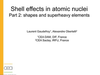Shell effects in atomic nuclei
Part 2: shapes and superheavy elements
Laurent Gaudefroy1, Alexandre Obertelli2
1CEA DAM, DIF, France
2CEA Saclay, IRFU, France
 