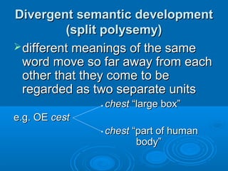 Divergent semantic developmentDivergent semantic development
(split polysemy)(split polysemy)
different meanings of the samedifferent meanings of the same
word move so far away from eachword move so far away from each
other that they come to beother that they come to be
regarded as two separate unitsregarded as two separate units
chestchest “large box”“large box”
e.g. OEe.g. OE cestcest
chestchest “part of human“part of human
body”body”
 