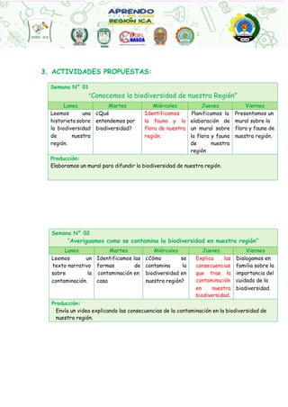3. ACTIVIDADES PROPUESTAS:
Semana N° 01
“Conocemos la biodiversidad de nuestra Región”
Lunes Martes Miércoles Jueves Viernes
Leemos una ¿Qué Identificamos Planificamos la Presentamos un
historieta sobre entendemos por la fauna y la elaboración de mural sobre la
la biodiversidad biodiversidad? flora de nuestra un mural sobre flora y fauna de
de nuestra
región.
región. la flora y fauna
de nuestra
región
nuestra región.
Producción:
Elaboramos un mural para difundir la biodiversidad de nuestra región.
Semana N° 02
“Averiguamos como se contamina la biodiversidad en nuestra región”
Lunes Martes Miércoles Jueves Viernes
Leemos un Identificamos las ¿Cómo se Explica las Dialogamos en
texto narrativo formas de contamina la consecuencias familia sobre la
sobre la contaminación en biodiversidad en que trae la importancia del
contaminación. casa nuestra región? contaminación cuidado de la
en nuestra
biodiversidad.
biodiversidad.
Producción:
Envía un video explicando las consecuencias de la contaminación en la biodiversidad de
nuestra región.
 