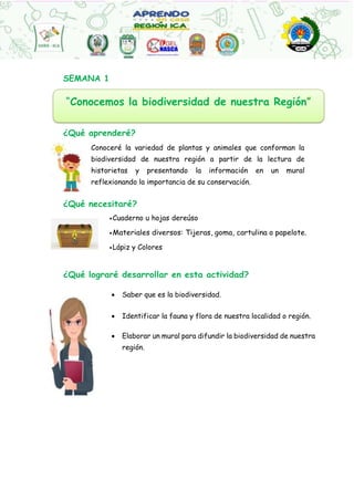 “Conocemos la biodiversidad de nuestra Región”
SEMANA 1
¿Qué aprenderé?
Conoceré la variedad de plantas y animales que conforman la
biodiversidad de nuestra región a partir de la lectura de
historietas y presentando la información en un mural
reflexionando la importancia de su conservación.
¿Qué necesitaré?
•Cuaderno u hojas dereúso
•Materiales diversos: Tijeras, goma, cartulina o papelote.
•Lápiz y Colores
¿Qué lograré desarrollar en esta actividad?
 Saber que es la biodiversidad.
 Identificar la fauna y flora de nuestra localidad o región.
 Elaborar un mural para difundir la biodiversidad de nuestra
región.
 