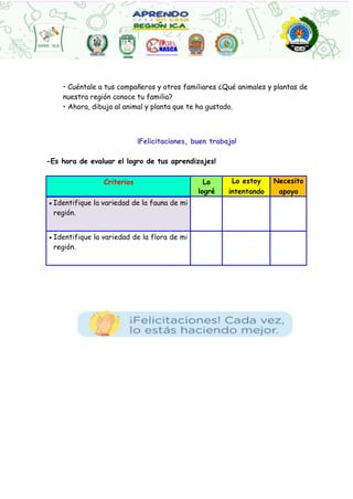 • Cuéntale a tus compañeros y otros familiares ¿Qué animales y plantas de
nuestra región conoce tu familia?
• Ahora, dibuja al animal y planta que te ha gustado.
¡Felicitaciones, buen trabajo!
-Es hora de evaluar el logro de tus aprendizajes!
Criterios Lo
logré
Lo estoy Necesito
intentando apoyo
 Identifique la variedad de la fauna de mi
región.
 Identifique la variedad de la flora de mi
región.
 