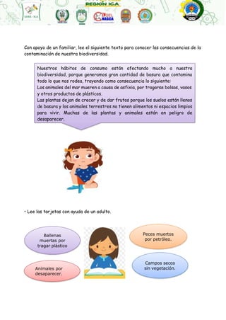 Nuestros hábitos de consumo están afectando mucho a nuestra
biodiversidad, porque generamos gran cantidad de basura que contamina
todo lo que nos rodea, trayendo como consecuencia lo siguiente:
Los animales del mar mueren a causa de asfixia, por tragarse bolsas, vasos
y otros productos de plásticos.
Las plantas dejan de crecer y de dar frutos porque los suelos están llenos
de basura y los animales terrestres no tienen alimentos ni espacios limpios
para vivir. Muchas de las plantas y animales están en peligro de
desaparecer.
Ballenas
muertas por
tragar plástico
Peces muertos
por petróleo.
Con apoyo de un familiar, lee el siguiente texto para conocer las consecuencias de la
contaminación de nuestra biodiversidad.
• Lee las tarjetas con ayuda de un adulto.
Animales por
desaparecer.
Campos secos
sin vegetación.
 