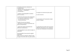 A l’analyse de diverses situations de
correspondance:
- identifier celles qui nécessitent la mention
« personnel », « confidentiel »,
« recommandé » ;
- localiser et dactylographier la mention
selon les normes ;
A partir d’un document raturé, déterminer
les corrections à apporter et compléter :
- une lettre-type pré encodée,
- une note de service.
A partir d’un texte non disposé :
- déterminer les mentions à présenter sous
forme d’énumérations ;
- choisir le(s) signe(s) introductifs des
différentes énumérations ;
- dactylographier le texte selon les règles de
disposition
dactylographier le texte selon les règlede
disposition.
Selon un texte non disposé, réaliser la mise
en page d’une lettre suite avec pièces jointes.
Les signes de correction les plus usuels
La note de service
La présentation de l’énumération simple
(courte et longue)
La disposition de la lettre suite suivant les
différentes dispositions et avec utilisation
du stop code. (réalisation de formulaires).
Page29
 