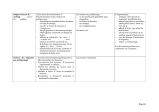 Préparer l’envoi de
mailing l’envoi
de mailing
A l’occasion d’un événement à
l’établissement scolaire, réaliser un
publipostage :
- déterminer les variables et leur attribuer
un nom de champ ;
- encoder le fichier de données et
l’enregistrer ;
- dactylographier le document principal
lettre type) en y insérant les champs de
fusion ;
- adapter la vedette (ex. Cher, chère,...)
Les mots clés, de la
lettre en y insérant un mot clé (ex.
de la lettre en y insérant un mot clé (ex.
option Si... Alors ….Sinon) ;
- réaliser la fusion à l’écran, contrôler le
résultat et imprimer éventuellement ;
- enregistrer la lettre type.
Les notions de publipostage :
- le document principal (lettre type,
étiquettes)
- le fichier de données,
- les champs,
- les enregistrements.
Les mots- clés
L’apprenant(e) :
- applique correctement la
procédure de sélection des
lettres types (lettres circulaires,
lettres publicitaires, offres de
prix, etc.),
- adapte la lettre type selon les
instructions,
- sélectionne les adresses d’un
mailing à partir d’instructions
- crée des formats d’impression
d’étiquettes,
- réalise le publipostage
Les documents produits sont
conformes aux consignes
Réaliser des étiquettes
par publipostage
- Créer le document principal (étiquettes) ;
- Ouvrir le fichier de données ;
- Paramétrer les options d’étiquettes
(imprimante et format) ;
- Insérer les champs de fusion dans le
document principal ;
- Réaliser la fusion à l’écran et contrôler le
résultat ;
- Enregistrer le document principal et
imprimer les étiquettes.
Les formats d’étiquettes
Page36
 