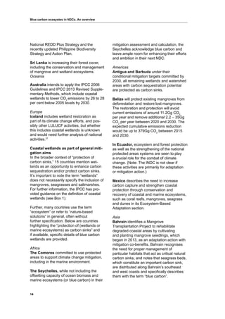 14
National REDD Plus Strategy and the
recently updated Philippine Biodiversity
Strategy and Action Plan.
Sri Lanka is increasing their forest cover,
including the conservation and management
of mangrove and wetland ecosystems.
Oceania
Australia intends to apply the IPCC 2006
Guidelines and IPCC 2013 Revised Supple-
mentary Methods, which include coastal
wetlands to lower CO2
emissions by 26 to 28
per cent below 2005 levels by 2030.
Europe
Iceland includes wetland restoration as
part of its climate change efforts, and pos-
sibly other LULUCF activities, but whether
this includes coastal wetlands is unknown
and would need further analysis of national
activities.27
Coastal wetlands as part of general miti-
gation aims
In the broader context of “protection of
carbon sinks,” 15 countries mention wet-
lands as an opportunity to enhance carbon
sequestration and/or protect carbon sinks.
It’s important to note the term “wetlands”
does not necessarily specify the inclusion of
mangroves, seagrasses and saltmarshes.
For further information, the IPCC has pro-
vided guidance on the definition of coastal
wetlands (see Box 1).
Further, many countries use the term
“ecosystem” or refer to “nature-based
solutions” in general, often without
further specification. Below are countries
highlighting the “protection of (wetlands or
marine ecosystems) as carbon sinks” and
if available, specific details of blue carbon
wetlands are provided.
Africa
The Comoros committed to use protected
areas to support climate change mitigation,
including in the marine environment.
The Seychelles, while not including the
offsetting capacity of ocean biomass and
marine ecosystems (or blue carbon) in their
mitigation assessment and calculation, the
Seychelles acknowledge blue carbon and
leave ample room for enhancing their efforts
and ambition in their next NDC.
Americas
Antigua and Barbuda under their
conditional mitigation targets committed by
2030, all remaining wetlands and watershed
areas with carbon sequestration potential
are protected as carbon sinks.
Belize will protect existing mangroves from
deforestation and restore lost mangroves.
The restoration and protection will avoid
current emissions of around 11.2Gg CO2
per year and remove additional 2.2 – 35Gg
CO2
per year between 2020 and 2030. The
expected cumulative emissions reduction
would be up to 379Gg CO2
between 2015
and 2030.
In Ecuador, ecosystem and forest protection
as well as the strengthening of the national
protected areas systems are seen to play
a crucial role for the combat of climate
change. (Note: The INDC is not clear if
these activities are primarily for adaptation
or mitigation action.)
Mexico describes the need to increase
carbon capture and strengthen coastal
protection through conservation and
recovery of coastal and marine ecosystems,
such as coral reefs, mangroves, seagrass
and dunes in its Ecosystem-Based
Adaptation section.
Asia
Bahrain identifies a Mangrove
Transplantation Project to rehabilitate
degraded coastal areas by cultivating
and planting mangrove seedlings, which
began in 2013, as an adaptation action with
mitigation co-benefits. Bahrain recognises
the need for proper management of
particular habitats that act as critical natural
carbon sinks, and notes that seagrass beds,
which constitute an important carbon sink,
are distributed along Bahrain’s southeast
and west coasts and specifically describes
them with the term “blue carbon”.
Blue carbon ecosystes in NDCs. An overview
 