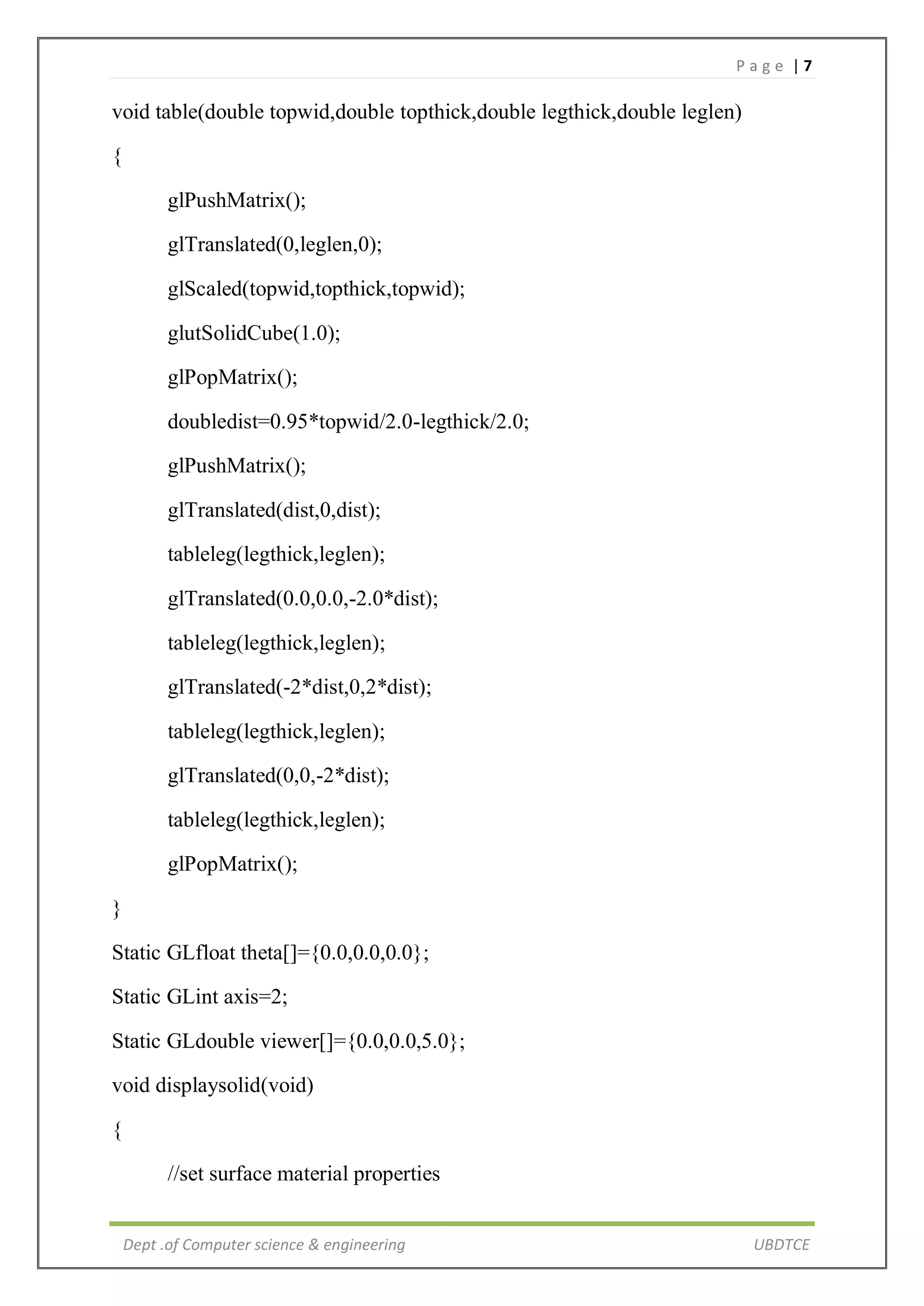 P a g e | 7
Dept .of Computer science & engineering UBDTCE
void table(double topwid,double topthick,double legthick,double leglen)
{
glPushMatrix();
glTranslated(0,leglen,0);
glScaled(topwid,topthick,topwid);
glutSolidCube(1.0);
glPopMatrix();
doubledist=0.95*topwid/2.0-legthick/2.0;
glPushMatrix();
glTranslated(dist,0,dist);
tableleg(legthick,leglen);
glTranslated(0.0,0.0,-2.0*dist);
tableleg(legthick,leglen);
glTranslated(-2*dist,0,2*dist);
tableleg(legthick,leglen);
glTranslated(0,0,-2*dist);
tableleg(legthick,leglen);
glPopMatrix();
}
Static GLfloat theta[]={0.0,0.0,0.0};
Static GLint axis=2;
Static GLdouble viewer[]={0.0,0.0,5.0};
void displaysolid(void)
{
//set surface material properties
 