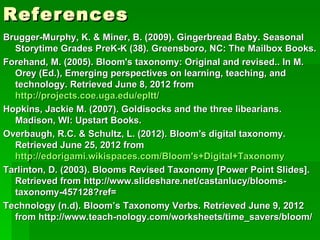 References
Brugger-Murphy, K. & Miner, B. (2009). Gingerbread Baby. Seasonal
  Storytime Grades PreK-K (38). Greensboro, NC: The Mailbox Books.
Forehand, M. (2005). Bloom's taxonomy: Original and revised.. In M.
  Orey (Ed.), Emerging perspectives on learning, teaching, and
  technology. Retrieved June 8, 2012 from
  http://projects.coe.uga.edu/epltt/
Hopkins, Jackie M. (2007). Goldisocks and the three libearians.
  Madison, WI: Upstart Books.
Overbaugh, R.C. & Schultz, L. (2012). Bloom's digital taxonomy.
  Retrieved June 25, 2012 from
  http://edorigami.wikispaces.com/Bloom's+Digital+Taxonomy
Tarlinton, D. (2003). Blooms Revised Taxonomy [Power Point Slides].
  Retrieved from http://www.slideshare.net/castanlucy/blooms-
  taxonomy-457128?ref=
Technology (n.d). Bloom’s Taxonomy Verbs. Retrieved June 9, 2012
  from http://www.teach-nology.com/worksheets/time_savers/bloom/
 