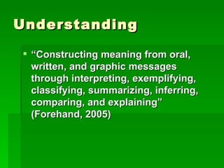 Understanding

 “Constructing meaning from oral,
  written, and graphic messages
  through interpreting, exemplifying,
  classifying, summarizing, inferring,
  comparing, and explaining”
  (Forehand, 2005)
 