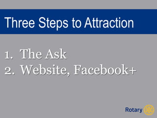 Three Steps to Attraction 
1. The Ask 
2. Website, Facebook+ 
 