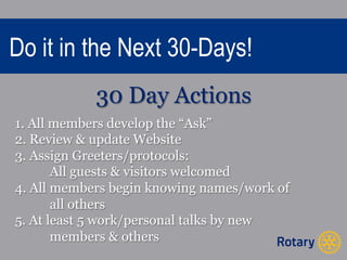 Do it in the Next 30-Days! 
30 Day Actions 
1. All members develop the “Ask” 
2. Review & update Website 
3. Assign Greeters/protocols: 
All guests & visitors welcomed 
4. All members begin knowing names/work of 
all others 
5. At least 5 work/personal talks by new 
members & others 
 