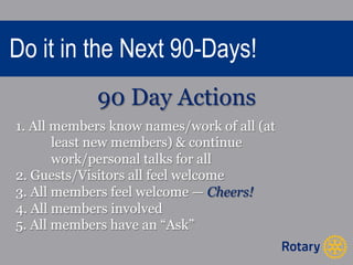 Do it in the Next 90-Days! 
90 Day Actions 
1. All members know names/work of all (at 
least new members) & continue 
work/personal talks for all 
2. Guests/Visitors all feel welcome 
3. All members feel welcome — Cheers! 
4. All members involved 
5. All members have an “Ask” 
 