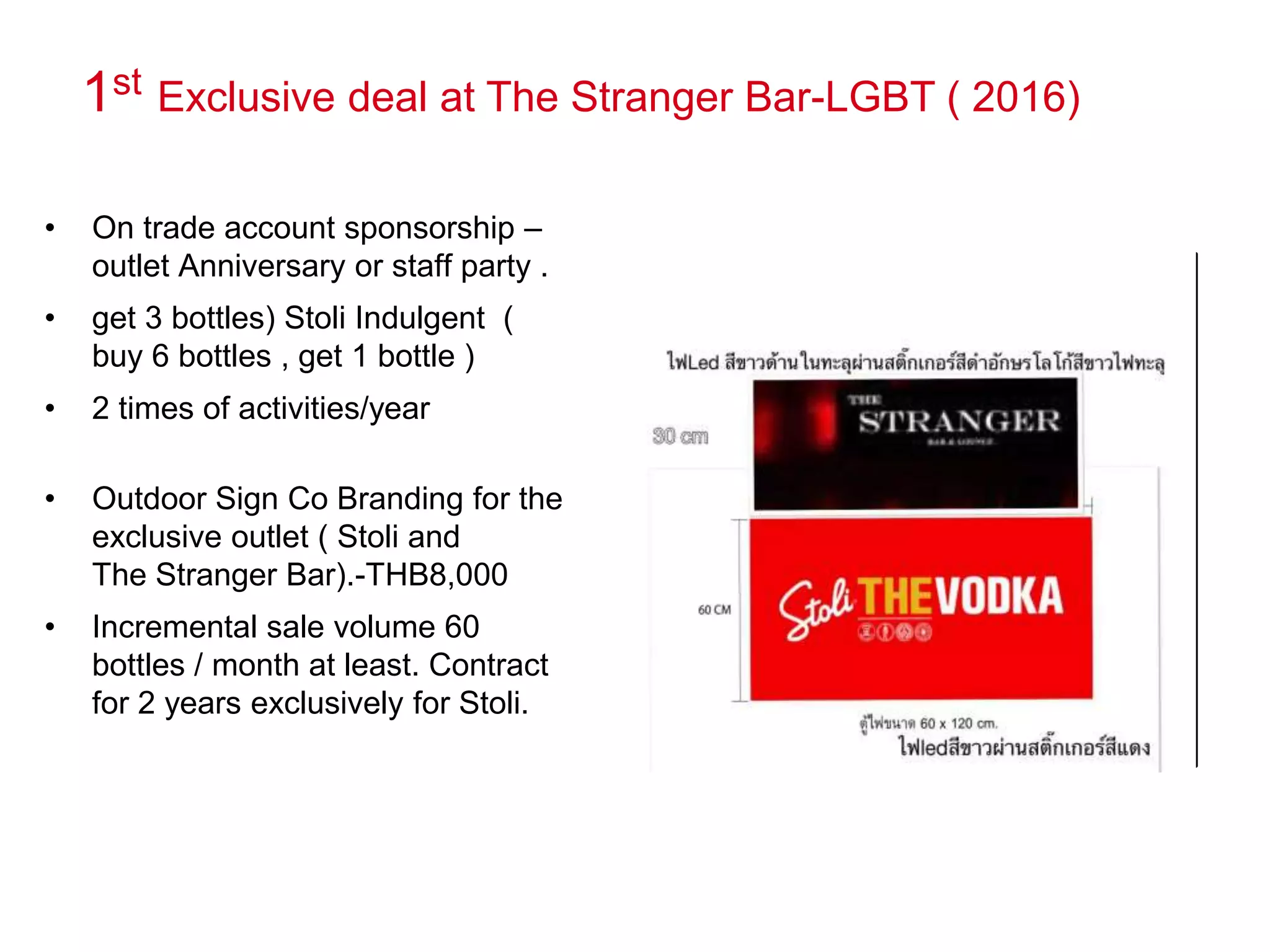 1st Exclusive deal at The Stranger Bar-LGBT ( 2016)
• On trade account sponsorship –
outlet Anniversary or staff party .
• get 3 bottles) Stoli Indulgent (
buy 6 bottles , get 1 bottle )
• 2 times of activities/year
• Outdoor Sign Co Branding for the
exclusive outlet ( Stoli and
The Stranger Bar).-THB8,000
• Incremental sale volume 60
bottles / month at least. Contract
for 2 years exclusively for Stoli.
Photos
 