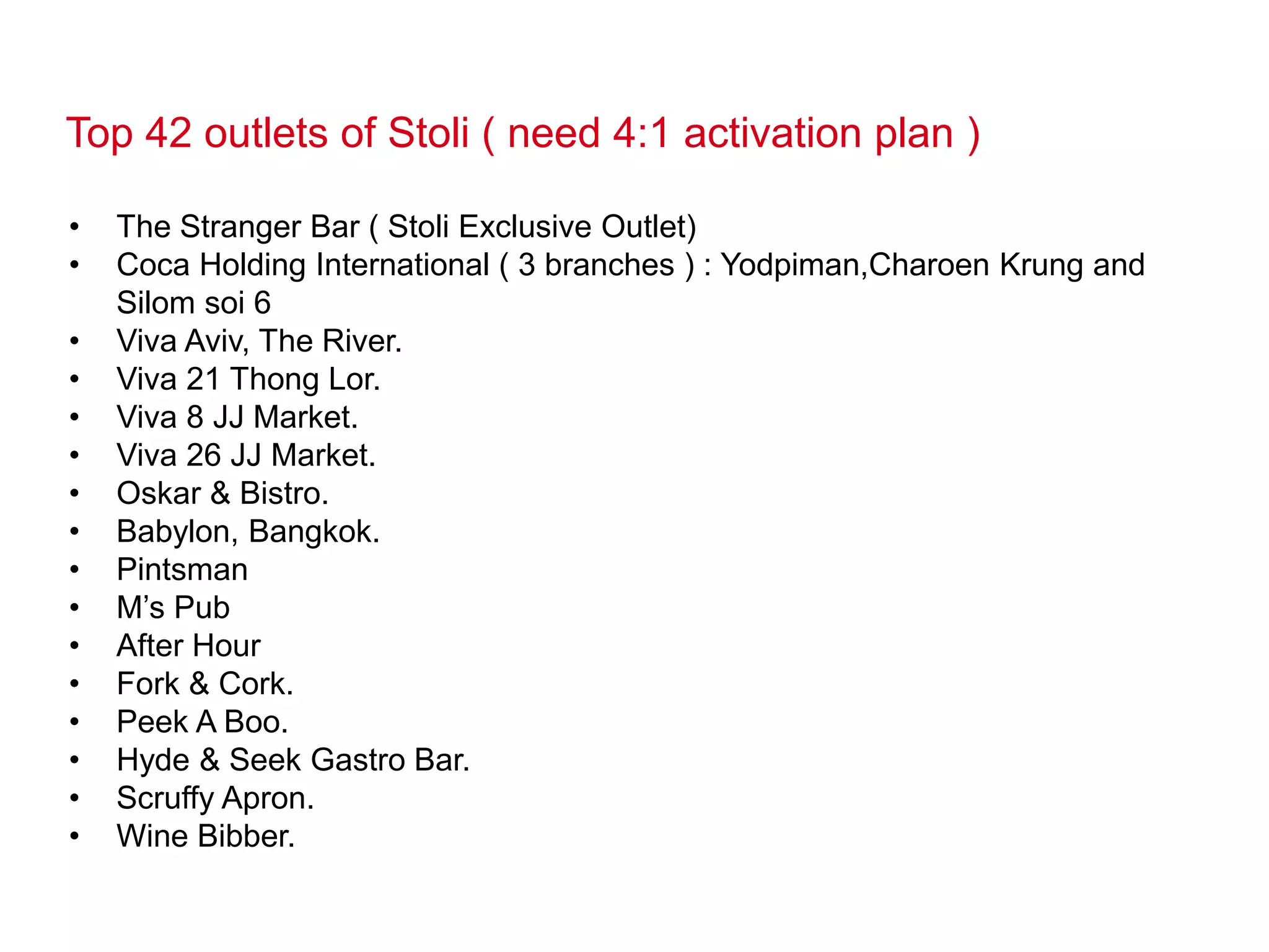 Top 42 outlets of Stoli ( need 4:1 activation plan )
• The Stranger Bar ( Stoli Exclusive Outlet)
• Coca Holding International ( 3 branches ) : Yodpiman,Charoen Krung and
Silom soi 6
• Viva Aviv, The River.
• Viva 21 Thong Lor.
• Viva 8 JJ Market.
• Viva 26 JJ Market.
• Oskar & Bistro.
• Babylon, Bangkok.
• Pintsman
• M’s Pub
• After Hour
• Fork & Cork.
• Peek A Boo.
• Hyde & Seek Gastro Bar.
• Scruffy Apron.
• Wine Bibber.
 