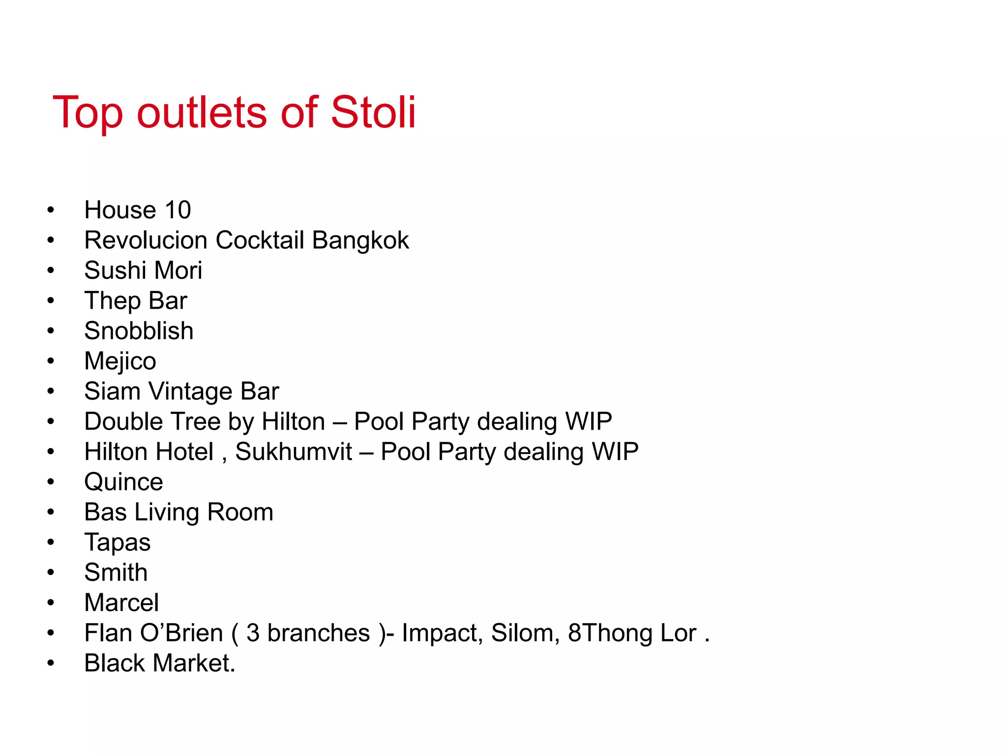 Top outlets of Stoli
• House 10
• Revolucion Cocktail Bangkok
• Sushi Mori
• Thep Bar
• Snobblish
• Mejico
• Siam Vintage Bar
• Double Tree by Hilton – Pool Party dealing WIP
• Hilton Hotel , Sukhumvit – Pool Party dealing WIP
• Quince
• Bas Living Room
• Tapas
• Smith
• Marcel
• Flan O’Brien ( 3 branches )- Impact, Silom, 8Thong Lor .
• Black Market.
 