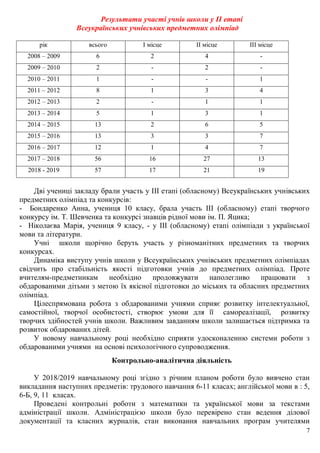 7
Результати участі учнів школи у ІІ етапі
Всеукраїнських учнівських предметних олімпіад
рік всього І місце ІІ місце ІІІ місце
2008 – 2009 6 2 4 -
2009 – 2010 2 - 2 -
2010 – 2011 1 - - 1
2011 – 2012 8 1 3 4
2012 – 2013 2 - 1 1
2013 – 2014 5 1 3 1
2014 – 2015 13 2 6 5
2015 – 2016 13 3 3 7
2016 – 2017 12 1 4 7
2017 – 2018 56 16 27 13
2018 - 2019 57 17 21 19
Дві учениці закладу брали участь у ІІІ етапі (обласному) Всеукраїнських учнівських
предметних олімпіад та конкурсів:
- Бондаренко Анна, учениця 10 класу, брала участь ІІІ (обласному) етапі творчого
конкурсу ім. Т. Шевченка та конкурсі знавців рідної мови ім. П. Яцика;
- Ніколаєва Марія, учениця 9 класу, - у ІІІ (обласному) етапі олімпіади з української
мови та літератури.
Учні школи щорічно беруть участь у різноманітних предметних та творчих
конкурсах.
Динаміка виступу учнів школи у Всеукраїнських учнівських предметних олімпіадах
свідчить про стабільність якості підготовки учнів до предметних олімпіад. Проте
вчителям-предметникам необхідно продовжувати наполегливо працювати з
обдарованими дітьми з метою їх якісної підготовки до міських та обласних предметних
олімпіад.
Цілеспрямована робота з обдарованими учнями сприяє розвитку інтелектуальної,
самостійної, творчої особистості, створює умови для її самореалізації, розвитку
творчих здібностей учнів школи. Важливим завданням школи залишається підтримка та
розвиток обдарованих дітей.
У новому навчальному році необхідно сприяти удосконаленню системи роботи з
обдарованими учнями на основі психологічного супроводження.
Контрольно-аналітична діяльність
У 2018/2019 навчальному році згідно з річним планом роботи було вивчено стан
викладання наступних предметів: трудового навчання 6-11 класах; англійської мови в : 5,
6-Б, 9, 11 класах.
Проведені контрольні роботи з математики та української мови за текстами
адміністрації школи. Адміністрацією школи було перевірено стан ведення ділової
документації та класних журналів, стан виконання навчальних програм учителями
 