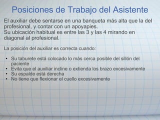 Posiciones de Trabajo del Asistente El auxiliar debe sentarse en una banqueta más alta que la del profesional, y contar con un apoyapies. Su ubicación habitual es entre las 3 y las 4 mirando en diagonal al profesional.    La posición del auxiliar es correcta cuando:   Su taburete está colocado lo más cerca posible del sillón del paciente Evita que el auxiliar incline o extienda los brazo excesivamente Su espalde está derecha No tiene que flexionar el cuello excesivamente   