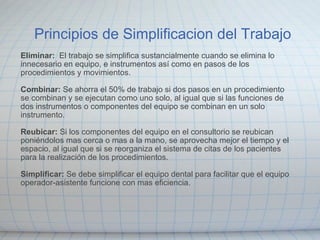 Principios de Simplificacion del Trabajo Eliminar:   El trabajo se simplifica sustancialmente cuando se elimina lo innecesario en equipo, e instrumentos así como en pasos de los procedimientos y movimientos.  Combinar:  Se ahorra el 50% de trabajo si dos pasos en un procedimiento se combinan y se ejecutan como uno solo, al igual que si las funciones de dos instrumentos o componentes del equipo se combinan en un solo instrumento.  Reubicar:  Si los componentes del equipo en el consultorio se reubican poniéndolos mas cerca o mas a la mano, se aprovecha mejor el tiempo y el espacio, al igual que si se reorganiza el sistema de citas de los pacientes para la realización de los procedimientos.    Simplificar:  Se debe simplificar el equipo dental para facilitar que el equipo operador-asistente funcione con mas eficiencia. 