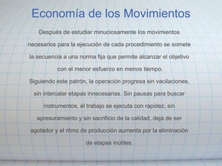 Economía de los Movimientos Después de estudiar minuciosamente los movimientos    necesarios para la ejecución de cada procedimiento se somete    la secuencia a una norma fija que permite alcanzar el objetivo    con el menor esfuerzo en menos tiempo.   Siguiendo este patrón, la operación progresa sin vacilaciones,    sin intercalar etapas innecesarias. Sin pausas para buscar    instrumentos, el trabajo se ejecuta con rapidez, sin    apresuramiento y sin sacrificio de la calidad, deja de ser    agotador y el ritmo de producción aumenta por la eliminación    de etapas inútiles.   