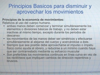 Principios Basicos para disminuir y aprovechar los movimientos Principios de la economía de movimientos: Relativos al uso del cuerpo humano. ambas manos deben comenzar y terminar simultáneamente los elementos o divisiones básicas de trabajo, y no deben estar inactivas al mismo tiempo, excepto durante los periodos de descanso los movimientos de las manos deber ser simétricos y efectuarse simultáneamente al alejarse del cuerpo y acercándose a éste. Siempre que sea posible debe aprovecharse el impulso o ímpetu físico como ayuda al obrero, y reducirse a un mínimo cuando haya que ser contrarrestado mediante su esfuerzo muscular Son preferibles los movimientos continuos en línea curva en vez de los rectilíneos que impliquen cambios de dirección repentinos y bruscos.  