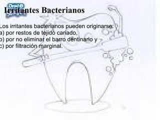 Irritantes Bacterianos
Los irritantes bacterianos pueden originarse:
a) por restos de tejido cariado,
b) por no eliminar el barro dentinario y
c) por filtración marginal.
 