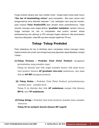 Fungsi produksi dengna satu input variabel (misal : tenaga kerja) tunduk pada hukum

“the law of deminishing return ” yang menyatakan : Bila suatu macam input
penggunaannya terus ditambah sebanyak 1 unit, sedangkan input yang lain konstan,
pada mulanya Total Product(TP) akan semakin besar pertambahannya. Tetapi
sesudah mencapai suatu tingkat tertentu “ produksi tambahan” semakin menurun
hingga

mencapai

nol,

dan

ini

menyebabkn

total

product

semakin

lambat

pertambahannya dan akhirnya ia (TP) mencapai tingkat maksimum. Bila penambahan
input terus dilanjutkan, maka MP-nya akan menjadi negatif dan TP-nya.

Tahap- Tahap Produksi
Pada hakekatnya the law of dimishing return menyatakan bahwa hubungan antara
tingkat produksi dan jumlah input tenaga kerja yang digunakan dapat dibedakan menjadi
3 tahap :

(1) Tahap Pertama : Produksi Total (Total Product) mengalami
pertambahan yang semakin cepat.
Tahap ini dimulai dari titik origin semakin kesatu titik pada kurva
total product dimana AP (produksi rata-rata) maksimum, dan pada
titik ini AP=MP (marginal product).
(2) Tahap Kedua : Produksi Total (Total Product) pertambahannya
semakin lama semakin kecil.
Tahap II ini dimulai dari titik AP maksimum sampai titik dimana
MP=0, atau TP maksimum.

(3) Tahap Ketiga : Produksi total (total product) semakin lama semakin
menurun.
Tahap III ini meliputi daerah dimana MP negatif.

PUSAT PENGEMBANGAN BAHAN AJAR- UMB

Ir. Sahibul Munir, SE. M.Si.

PENGANTAR MIKROEKONOMI

4

 