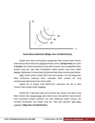 K

Q3
Q2
Q1

L

Garis Batas Substitusi (Ridge Line of Substitution)
Apabila dicari semua kemungkinan penggunaan faktor produksi pada isokuan,
maka bentuk isokuan tidak akan asimtotis terhadap sumbu L (tenaga kerja) dan sumbu
K (modal). Hal ini karena kemampuan suatu faktor produksi untuk menggantikan faktor
produksi yang lain, agar tetap menghasilkan tingkat produksi yang sama adalah
terbatas. Keterbatasan ini dikarenakan produktivitas faktor-faktor produksi juga terbatas.
Ingat ! bahwa produk marginal (MP) akan sama dengan “nol” bila penggunaan
faktor

produksinya

terlampau

besar,

sedangkan

faktor

produksi

lain

yang

mendukungnya tidak berubah atau terlalu sedikit.
Apabila titik ini dicapai, maka MRTS.LK=0, selewatnya dari titik ini pada
“isokuan” tidak mungkin terjadi “substitusi”.
Apabila titik ini ditemukan pada semua isokuan atau isokuan map dalam ruang
faktor produksi atau relevant range (yaitu daerah yang memungkinkan bagi produsen
untuk berproduksi dengan kombinasi dua input dibeberapa tingkat isokuan) dan
kemudian dihubungkna satu dengan yang lain, maka akan diperoleh “garis batas
substitusi” (ridge line of substitution).

PUSAT PENGEMBANGAN BAHAN AJAR- UMB

Ir. Sahibul Munir, SE. M.Si.

PENGANTAR MIKROEKONOMI

9

 