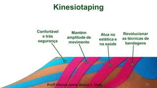 Kinesiotaping
Revolucionar
as técnicas de
bandagens
Atua na
estética e
na saúde
Mantém
amplitude de
movimento
Confortável
e trás
segurança
Profª Mestra Janne Jéssica S. Alves 15
 