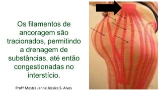 Os filamentos de
ancoragem são
tracionados, permitindo
a drenagem de
substâncias, até então
congestionadas no
interstício.
Profª Mestra Janne Jéssica S. Alves 38
 