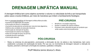 A drenagem linfática tem como objetivo aumentar o volume e a velocidade da linfa a ser transportada
pelos vasos e ductos linfáticos, por meio de manobras que imitem o bombeamento fisiológico
Profª Mestra Janne Jéssica S. Alves 4
DRENAGEM LINFÁTICA MANUAL
Entre os principais benefícios da Drenagem Linfática Manual estão:
• Aumento da oxigenação dos tecidos;
• Eliminação de toxinas e metabólitos;
• Aumento da absorção de nutrientes por meio do trato digestório;
• Melhora das condições de absorção intestinal;
• Diminuição da retenção de líquidos;
• Estimulação do sistema imunológico;
• Alívio da sensação de peso nas pernas;
• Indicada durante a gestação;
• Diminuição edemas;
PRÉ-CIRURGIA
• Beneficiar a circulação sanguínea;
• Auxiliar o trabalho do sistema linfático;
• Promover maior absorção da pele aos produtos que
serão usados antes do procedimento.
PÓS-CIRURGIA
• Reduz os sintomas do pós-operatório, promovendo a diminuição da dor, do edema e dos hematomas, bem como
acelerando o processo de cicatrização do tecido. Por sua vez, os movimentos de drenagem reduzem a retenção de
líquidos, previnem e diminuem a formação de cicatrizes, quelóides e retrações.
 