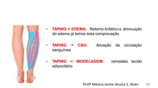 • TAPING = EDEMA: Retorno linfático e diminuição
do edema já temos esta comprovação
• TAPING = CSG: Ativação da circulação
sanguínea
• TAPING = MODELAGEM: remodela tecido
adipocitário
Profª Mestra Janne Jéssica S. Alves 40
 