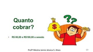 Quanto
cobrar?
• R$ 80,00 a R$180,00 a sessão
Profª Mestra Janne Jéssica S. Alves 69
 