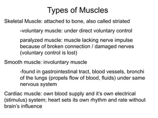 Types of Muscles
Skeletal Muscle: attached to bone, also called striated
-voluntary muscle: under direct voluntary control
paralyzed muscle: muscle lacking nerve impulse
because of broken connection / damaged nerves
(voluntary control is lost)
Smooth muscle: involuntary muscle
-found in gastrointestinal tract, blood vessels, bronchi
of the lungs (propels flow of blood, fluids) under same
nervous system
Cardiac muscle: own blood supply and it’s own electrical
(stimulus) system; heart sets its own rhythm and rate without
brain’s influence
 