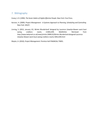 7. Bibliography
Covey, S. R. (1990). The Seven Habits of Highly Effective People. New York: Free Press.
Kerzner, H. (2009). Project Management - A Systems Approach to Planning, Scheduling and Controlling.
New York: WILEY.
Linning, S. (2015, January 13). Winter Blunderland' designed by Laurence Llewelyn-Bowen went bust
owing creditors nearly £1MILLION. MailOnline. Retrieved from
http://www.dailymail.co.uk/news/article-2908122/Winter-Blunderland-designed-Laurence-
Llewelyn-Bowen-went-bust-owing-creditors-nearly-1MILLION.html
Maylor, H. (2010). Project Management. Prentice Hall FINANCIAL TIMES.
 