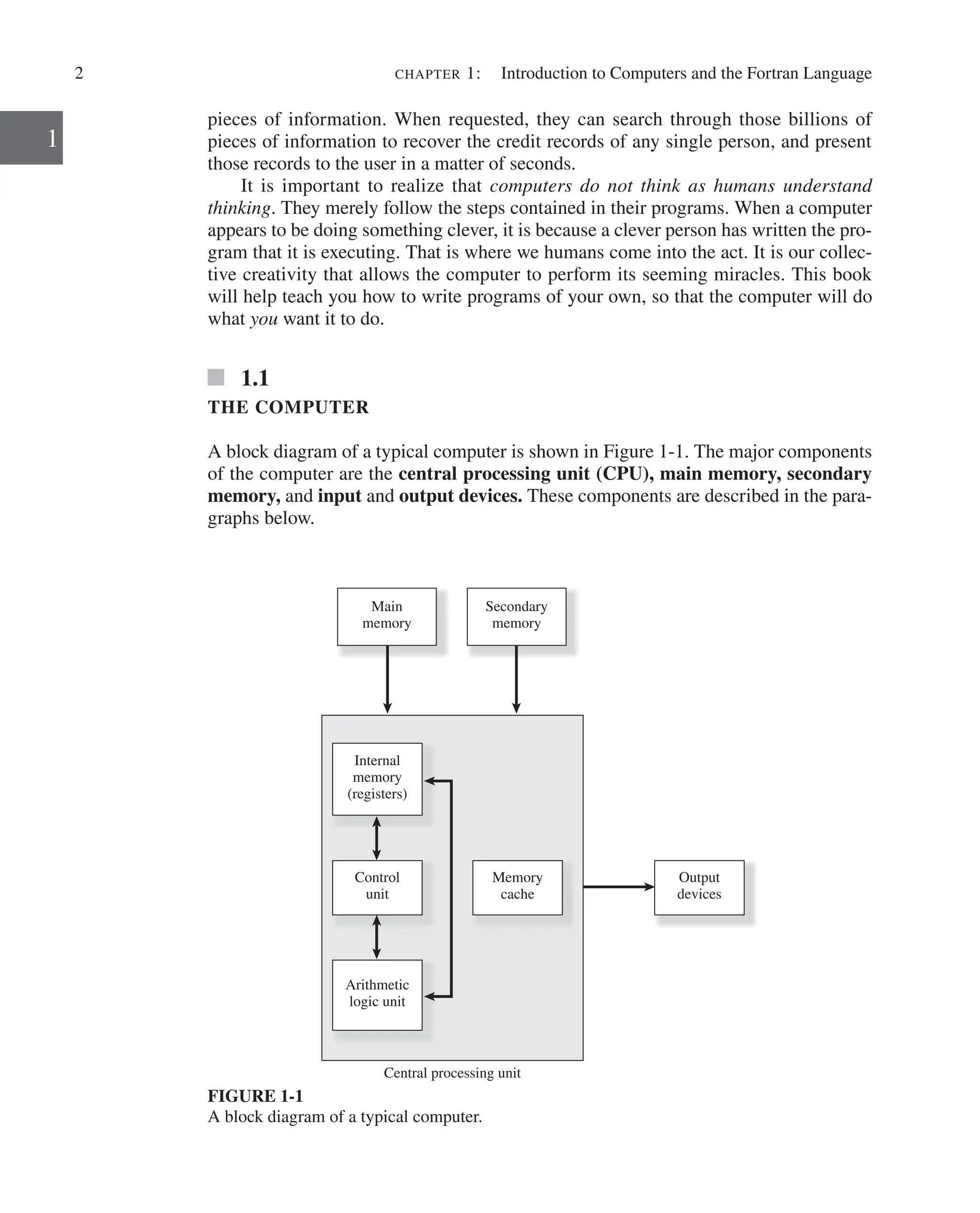 2 chapter 1:   Introduction to Computers and the Fortran Language
1
pieces of information. When requested, they can search through those billions of
pieces of information to recover the credit records of any single person, and present
those records to the user in a matter of seconds.
It is important to realize that computers do not think as humans understand
­thinking. They merely follow the steps contained in their programs. When a computer
appears to be doing something clever, it is because a clever person has written the pro-
gram that it is executing. That is where we humans come into the act. It is our collec-
tive creativity that allows the computer to perform its seeming miracles. This book
will help teach you how to write programs of your own, so that the computer will do
what you want it to do.
1.1
THE COMPUTER
A block diagram of a typical computer is shown in Figure 1-1. The major components
of the computer are the central processing unit (CPU), main memory, secondary
memory, and input and output devices. These components are described in the para-
graphs below.
FIGURE 1-1
A block diagram of a typical computer.
Main
memory
Secondary
memory
Internal
memory
(registers)
Control
unit
Memory
cache
Arithmetic
logic unit
Output
devices
Central processing unit
 