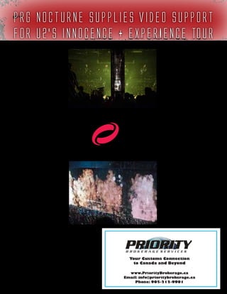 18 mobile production monthly
by Debi Moen
PRG Nocturne has developed a long-
term relationship with Video Di-
rector Stefaan “Smasher” Desmedt,
supporting his creative desires on
multiple projects. The relationship
continues with U2, as video tech-
nology and creative direction make
jaw-dropping magic in the musical
experience of iNNOCENCE + eX-
PERIENCE.
How does Bono and band walk into
the double-sided video wall and in-
teract visually with the live action
onstage during their show? It’s ac-
complished with two large screens
of PRG Nocturne’s highly transpar-
ent V-Thru LED panel system and
two large IMAG screens that use
PRG Nocturne’s new VR-7 7mm
LED modules. For video control, the
team uses a new PRG Nocturne HD
Flypack with a Grass Valley Karrera
K-Frame S-series switcher. The Grass
Valley LDX Premiere advanced im-
aging cameras are paired with new
Fujinon lenses.
The V-Thru screens divide the space,
with one on each side of the flying
catwalk. Each screen - 96 feet long
by 23 feet tall - was designed to be
lightweight and semi-transparent so
band members could become part of
the video wall and interact with the
content. Its 66 percent transparency
is achieved by its large pixel pitch of
28mm, LEDs housed in clear plastic
tubes, and hiding the power and data
cabling in the V-Thru support rails.
The structure also becomes a canvas for layering video image-
ry and lighting effects inside the bridge catwalk for stunning
visual looks.
“The V-Thru is a great product,” Smasher comments. “I know
that PRG Nocturne designs its own processing. You can tell
it’s great because I’m running these screens not even at 20
percent; they’re pretty bright at full. What happens on most
competitor’s processors is that when you take down the bright-
ness levels, you start losing depth of the picture. But the way
Nocturne’s processing works, you still have the full range of
colors; 16-bit. From black to white
or to full color. You don’t lose any of
the steps. It doesn’t crush the blacks.
Most processors would start to pos-
turize the image at such a low level.
With Nocturne’s processing you
don’t get grainy imagery; it’s still an
amazing picture whatever you do
with it.”Smasher had two months to
work with the system, the PRG Noc-
turne team and the band prior to the
tour, so he designed it with flexibil-
ity in mind. “When you go into re-
hearsals, you don’t want to be on the
phone every single day, ‘Oh, we need
this, we need that.’ You just need to
be very open minded when you go
in there and be as flexible as pos-
sible because it’s U2; anything can
happen. You have to be prepared for
everything, and knowing the crea-
tive team like I do, I know what to
expect.”
He not only knows the creative
team, he knows his video team as
well. Smasher’s crew is made up
of many whom he worked with as
video director on the Rolling Stones
last year, another PRG Nocturne-
supported tour. “They’re the best.
They are so professional; nothing
is a problem. Everybody was on
top of their game and when there
is a change, they are right on top of
it.”PRG Nocturne is proud to sup-
port Smasher and the U2 tour.
www.prg.com
V-Thru Photo Credits: Stufish.com
PRG Nocturne Supplies Video Support
for U2’s iNNOCENCE + eXPERIENCE Tour
 